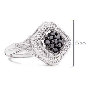 Anel em Prata 925 Losango com Diamantes Negros e Brancos