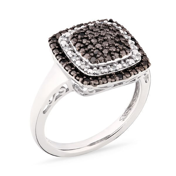 Anel em Prata 925 Quadrado com Diamantes Brancos e Negros