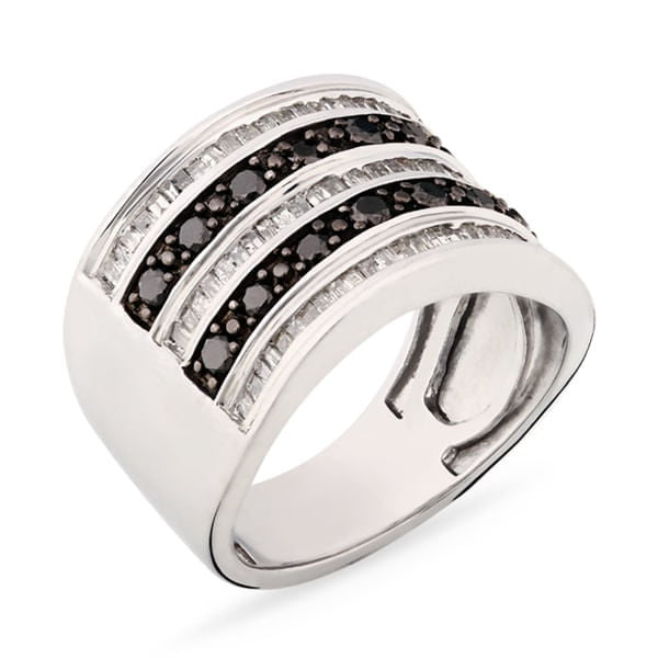 Anel em Prata 925 com Diamantes Negros e Brancos