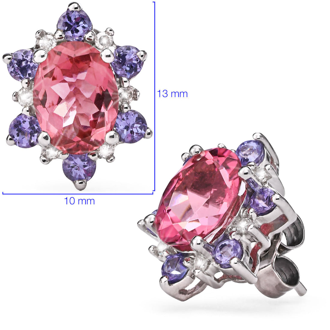 Par de Brinco em Ouro Branco 18k com Turmalinas Rosas, Tanzanitas e Diamantes
