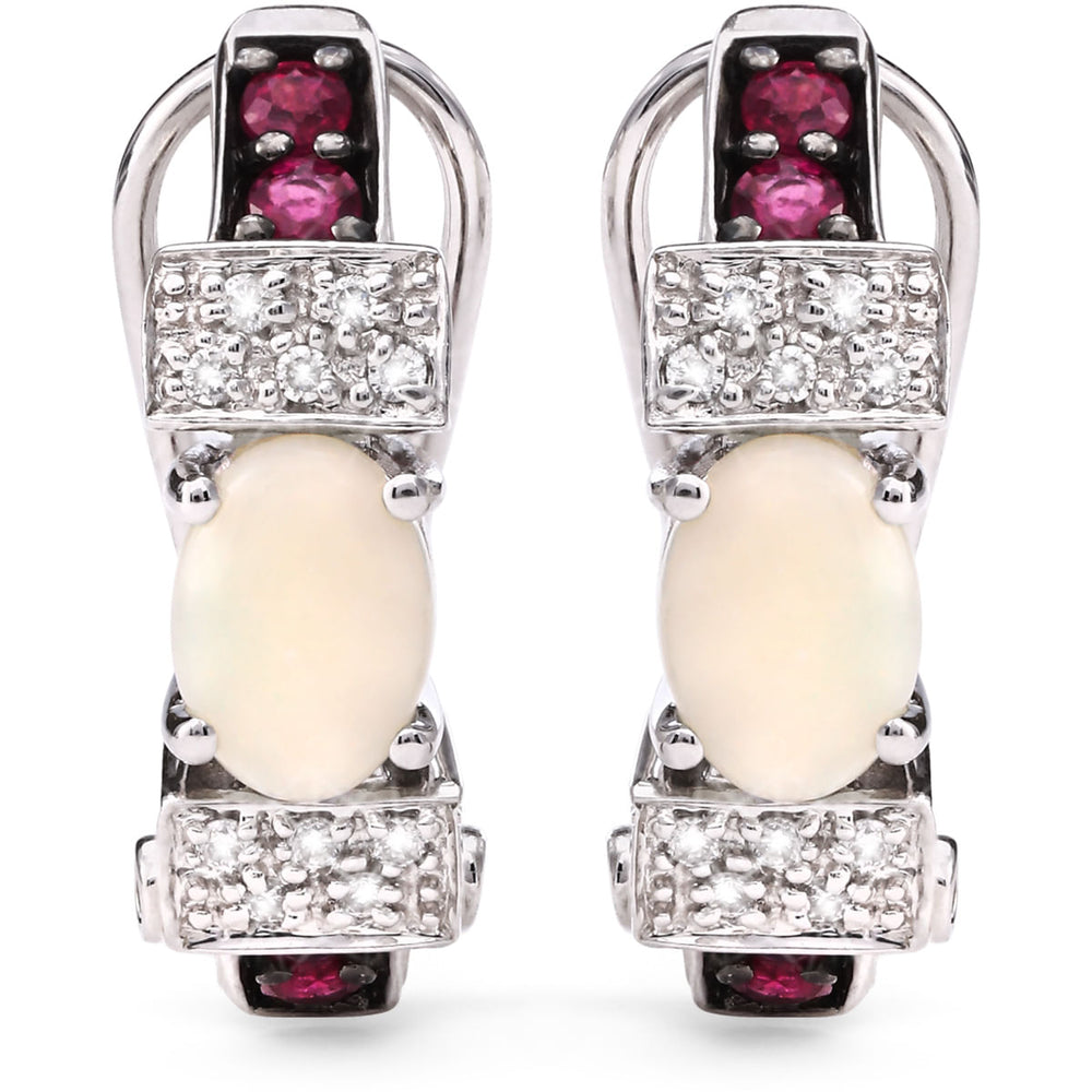 121470 - Par de Brinco em Ouro Branco 18 k Com Opalas, Rubis e Diamantes