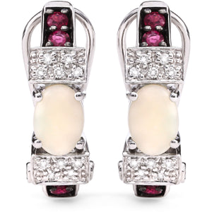 121470 - Par de Brinco em Ouro Branco 18 k Com Opalas, Rubis e Diamantes