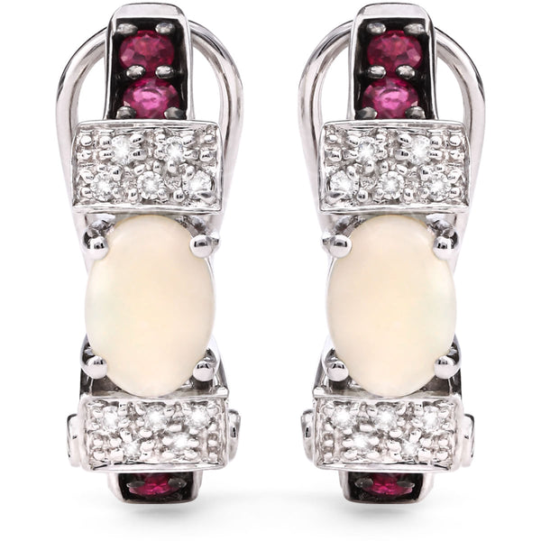 121470 - Par de Brinco em Ouro Branco 18 k Com Opalas, Rubis e Diamantes
