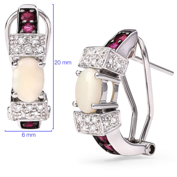 121470 - Par de Brinco em Ouro Branco 18 k Com Opalas, Rubis e Diamantes