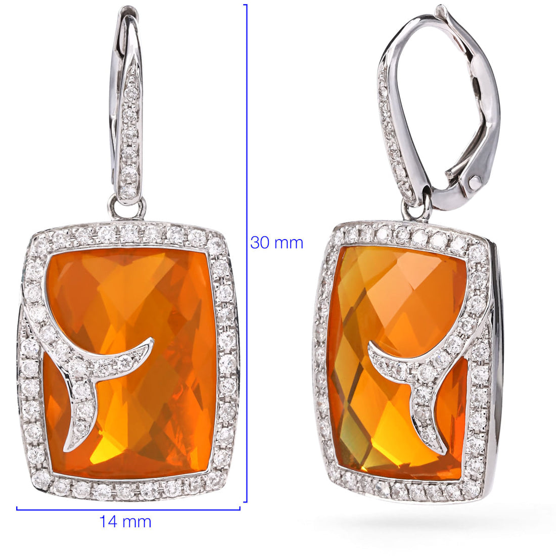 Par de Brinco em Ouro Branco de Opala de Fogo e Diamantes