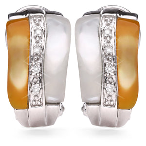 122418-Par de Brinco de Ouro Branco com Madrepérola Branca, Amarela e Diamantes