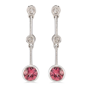Par de Brinco em Ouro Branco 18k com Turmalinas Rosas e 4 Diamantes
