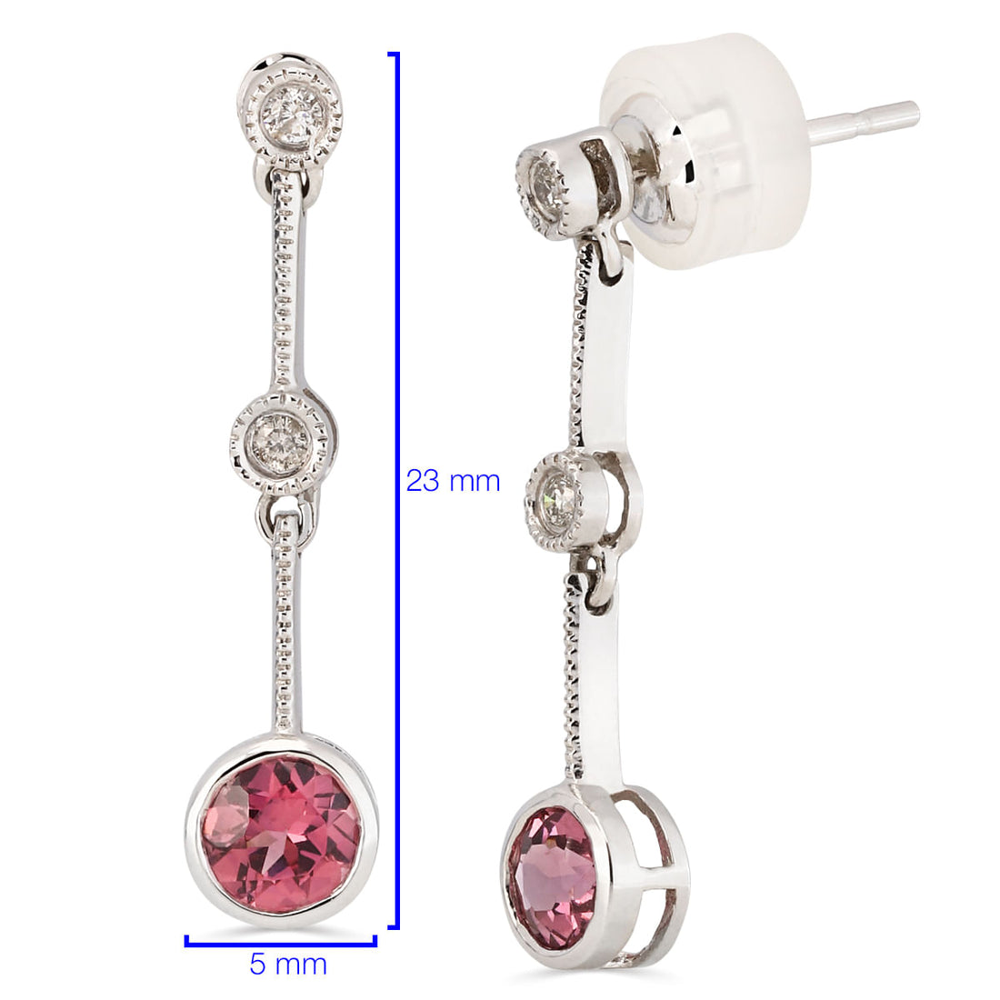 Par de Brinco em Ouro Branco 18k com Turmalinas Rosas e 4 Diamantes