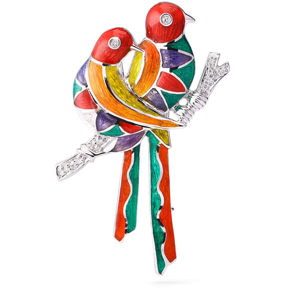 Broche Pingente  em Ouro Branco com Passáros Esmaltados e Diamantes