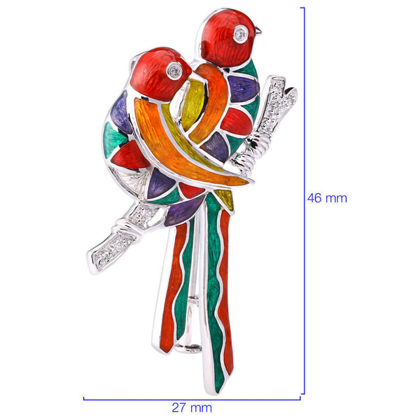 Broche Pingente  em Ouro Branco com Passáros Esmaltados e Diamantes