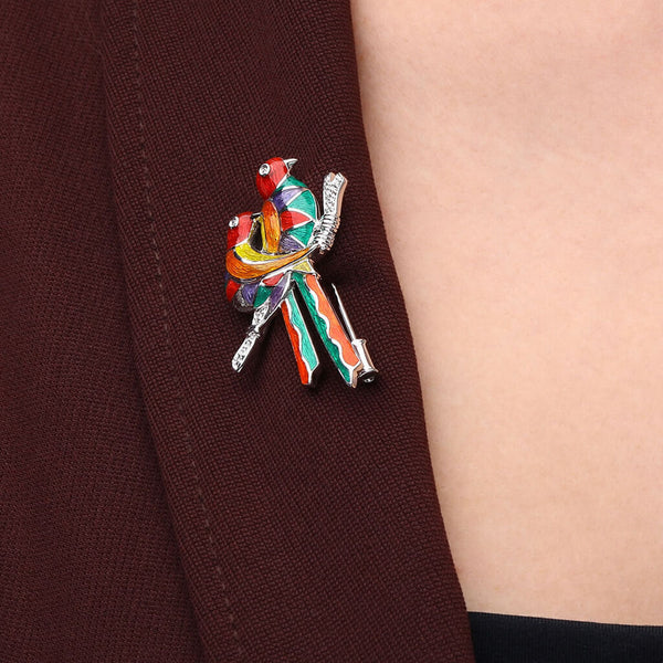 Broche Pingente  em Ouro Branco com Passáros Esmaltados e Diamantes