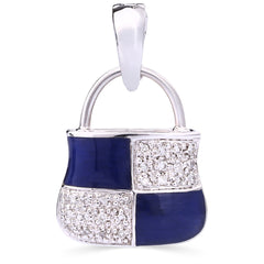 Pingente em Ouro Branco 18k Bolsinha com Diamantes e Detalhs em Mina Azul
