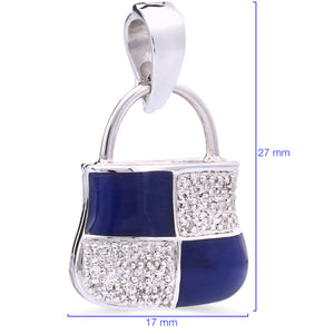 Pingente em Ouro Branco 18k Bolsinha com Diamantes e Detalhs em Mina Azul
