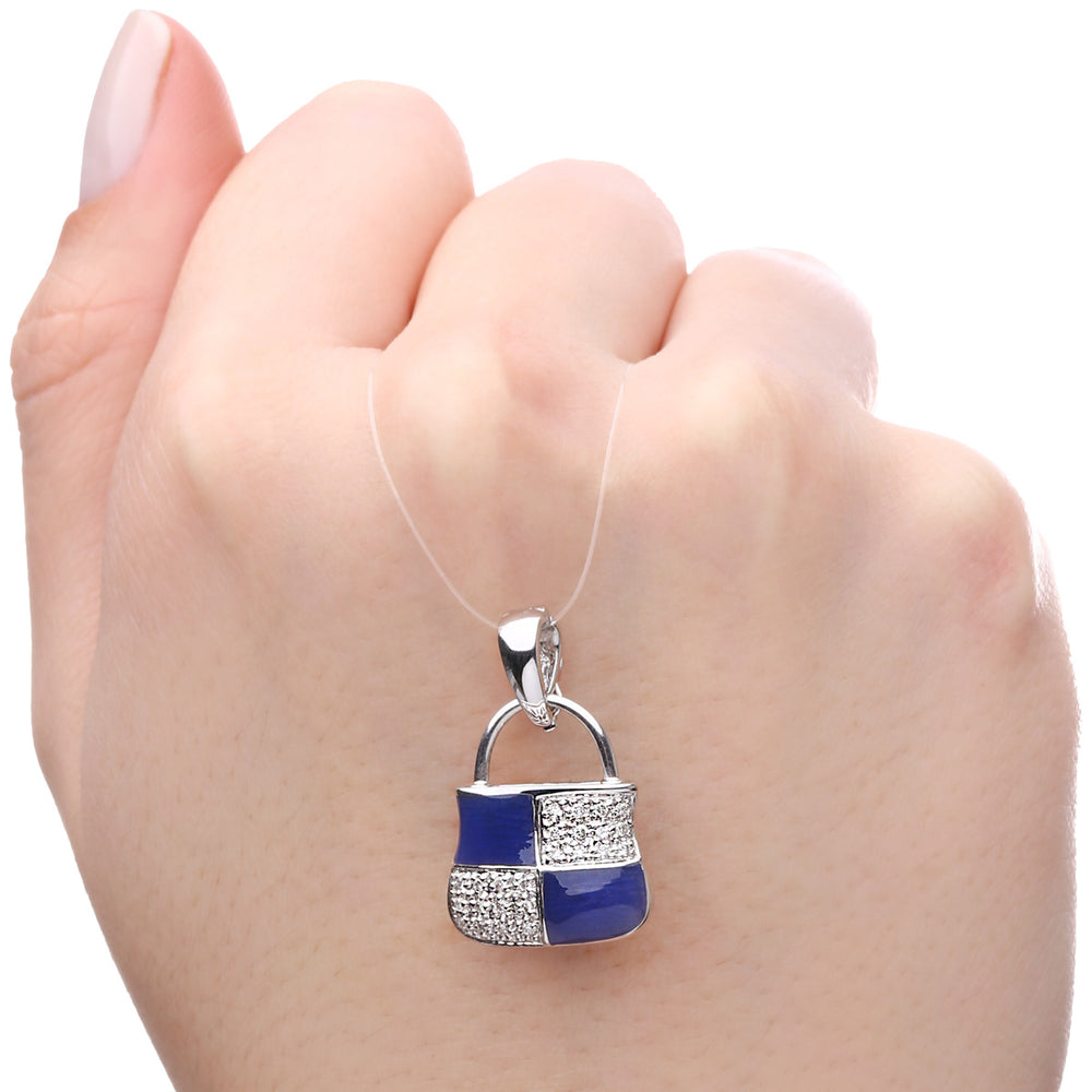 Pingente em Ouro Branco 18k Bolsinha com Diamantes e Detalhs em Mina Azul