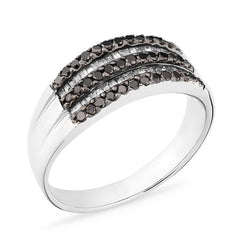 Meia Aliança em Prata 925 com Diamantes Negros e Brancos