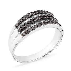 Meia Aliança em Prata 925 com Diamantes Negros e Brancos