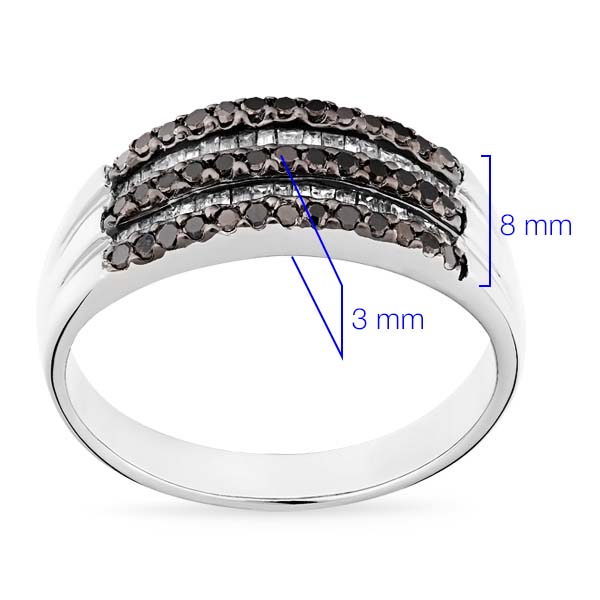 Meia Aliança em Prata 925 com Diamantes Negros e Brancos