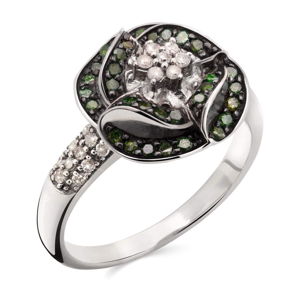 Anel em Prata 925 com Diamantes Verdes e Brancos