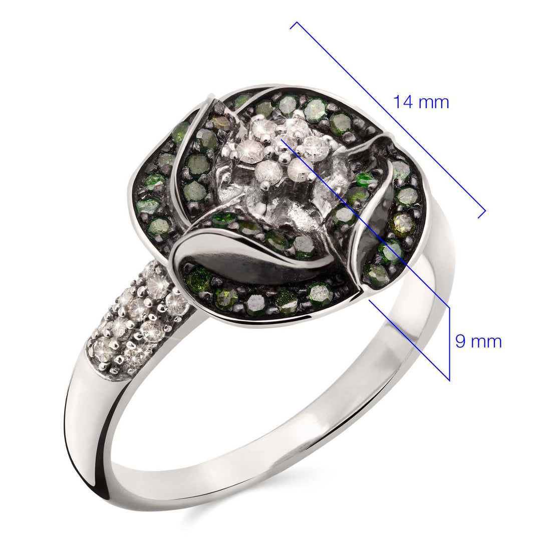 Anel em Prata 925 com Diamantes Verdes e Brancos