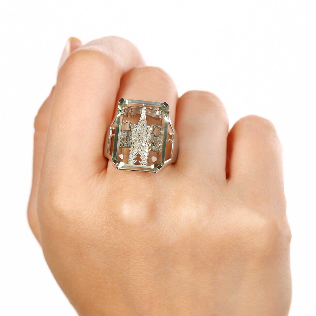 Anel em Prata 925 com Prasolita e Diamantes