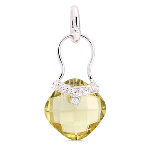 Pingente em Ouro Branco 18k com Quartzo Limão e Diamantes