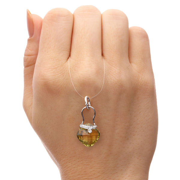 Pingente em Ouro Branco 18k com Quartzo Limão e Diamantes