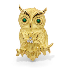 126448-Broche Linha Giovanni em Ouro 18k Coruja de com Esmeraldas e Diamantes