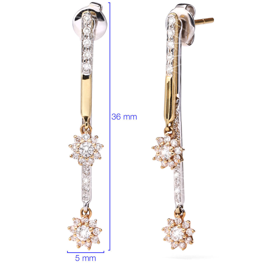 Par de Brinco em Ouro Amarelo 18k  Det. em Ouro Bco 18k com Diamantes