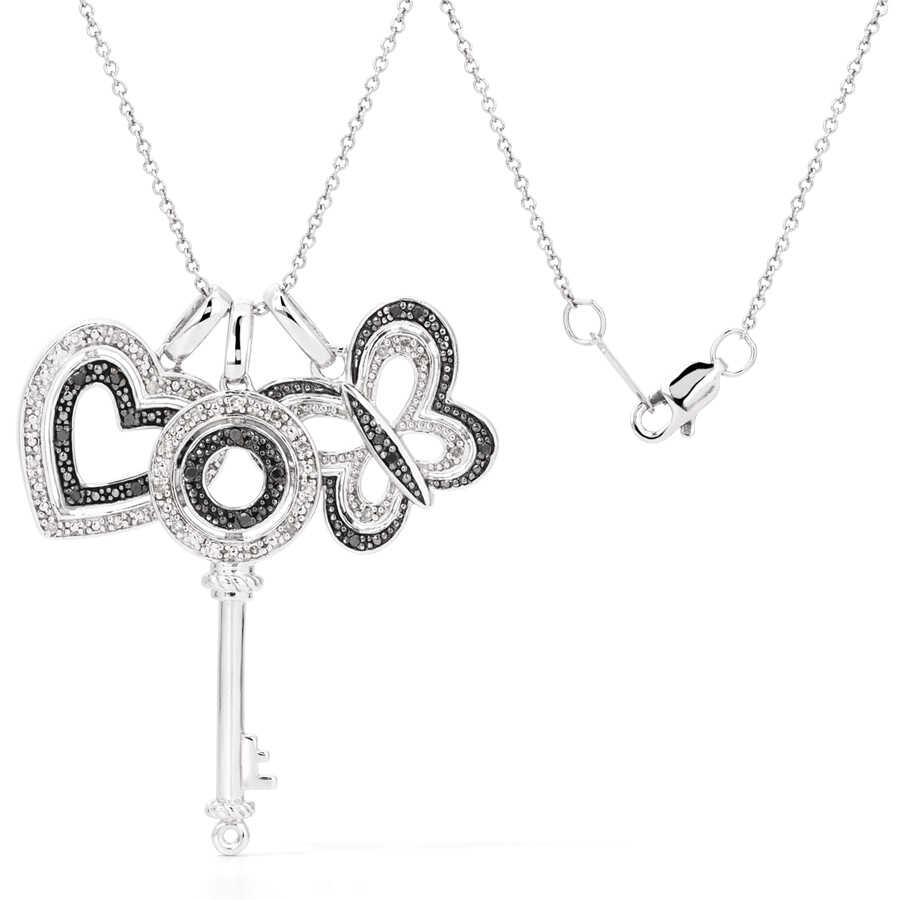 Kit em Prata 925 Pingentes de Chave, Borboleta e Coração com Diamantes Negros e Brancos