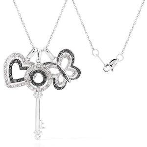 Kit em Prata 925 Pingentes de Chave, Borboleta e Coração com Diamantes Negros e Brancos