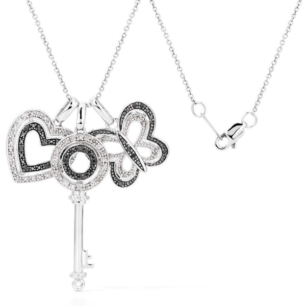 Kit em Prata 925 Pingentes de Chave, Borboleta e Coração com Diamantes Negros e Brancos