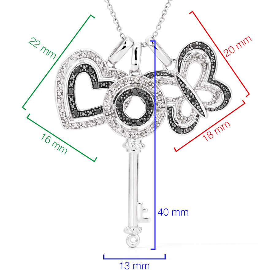 Kit em Prata 925 Pingentes de Chave, Borboleta e Coração com Diamantes Negros e Brancos