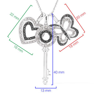 Kit em Prata 925 Pingentes de Chave, Borboleta e Coração com Diamantes Negros e Brancos