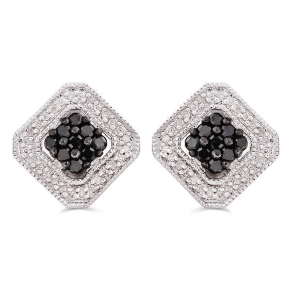 Par de Brinco em Prata 925 Losango com Diamantes Negros e Brancos