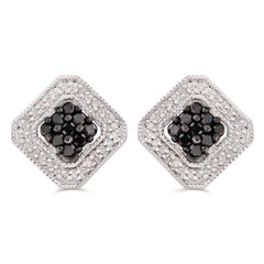 Par de Brinco em Prata 925 Losango com Diamantes Negros e Brancos