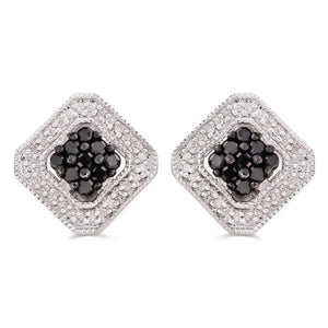 Par de Brinco em Prata 925 Losango com Diamantes Negros e Brancos