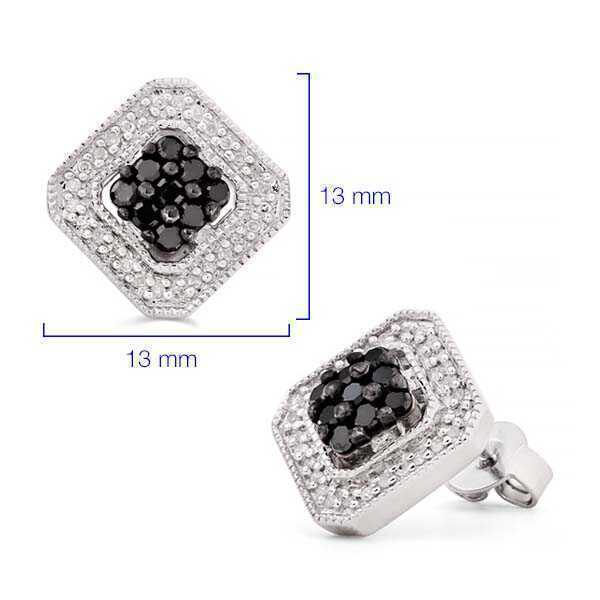 Par de Brinco em Prata 925 Losango com Diamantes Negros e Brancos