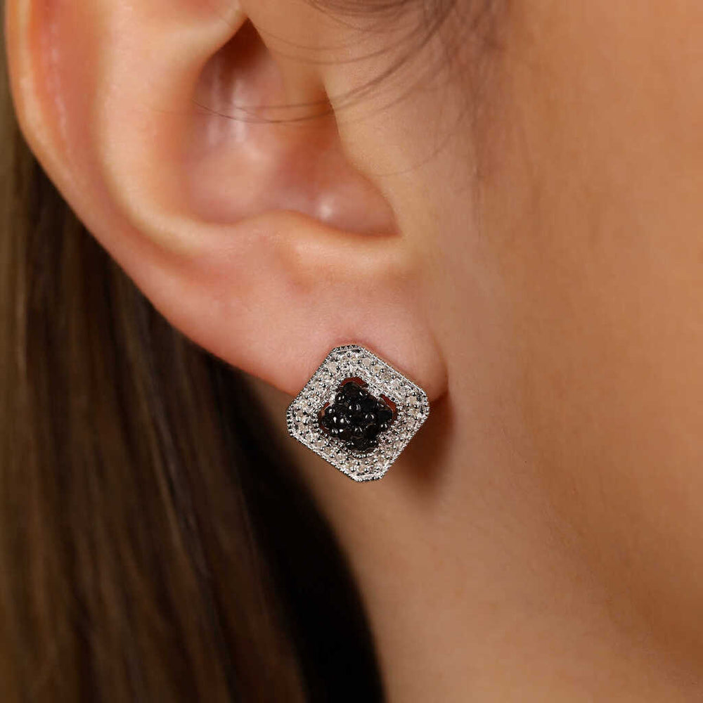 Par de Brinco em Prata 925 Losango com Diamantes Negros e Brancos