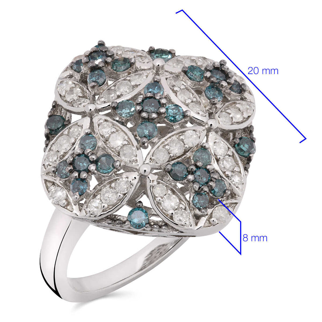 Anel em Prata 925 Losango Vazado com Diamantes Brancos e Azuis