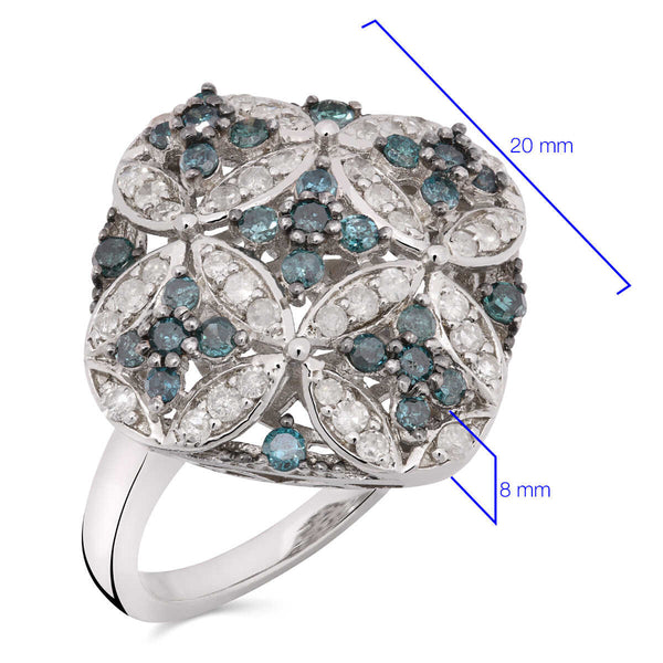 Anel em Prata 925 Losango Vazado com Diamantes Brancos e Azuis