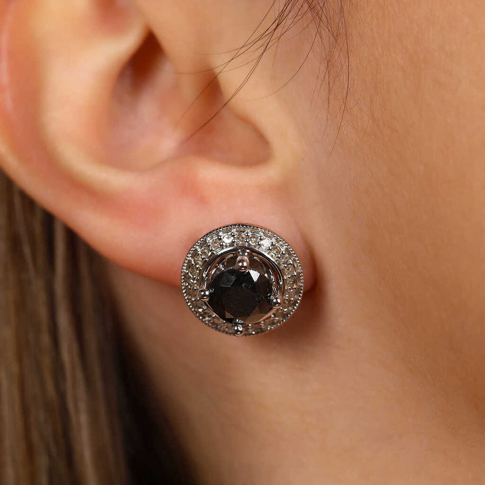 Par de Brinco Em Prata 925 com Diamantes Brancos e Negros