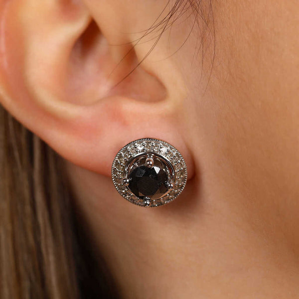 Par de Brinco Em Prata 925 com Diamantes Brancos e Negros