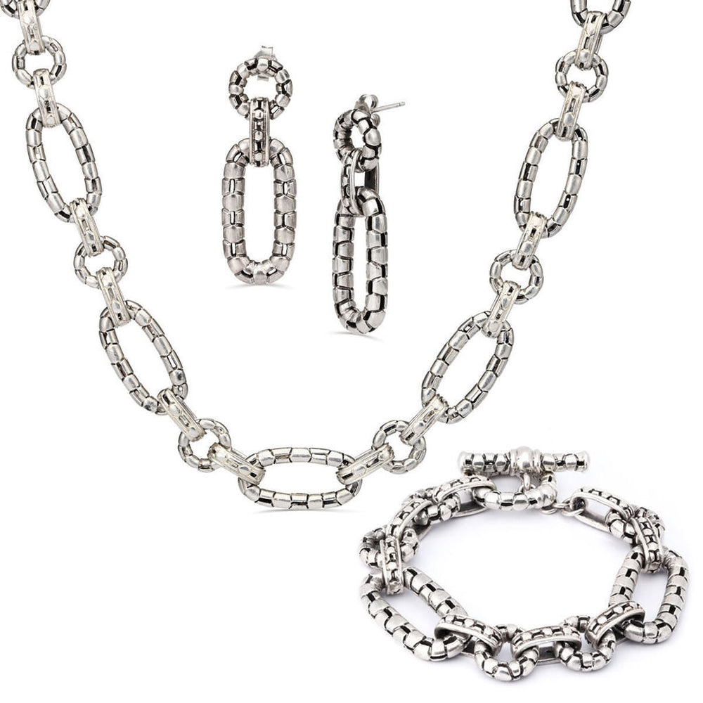 Colar Pulseira e Brinco Elos em Prata 925