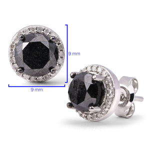 Par de Brinco em Prata 925 Solitário com Diamante Negro e Diamantes Brancos