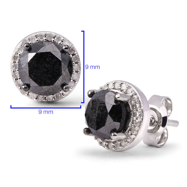 Par de Brinco em Prata 925 Solitário com Diamante Negro e Diamantes Brancos