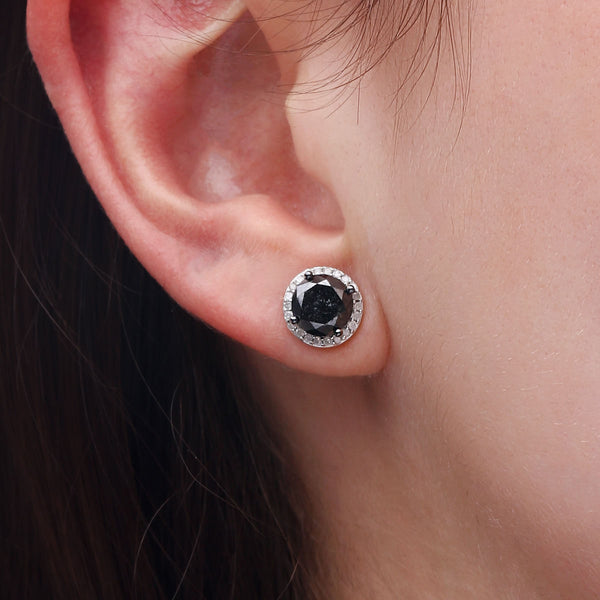Par de Brinco em Prata 925 Solitário com Diamante Negro e Diamantes Brancos