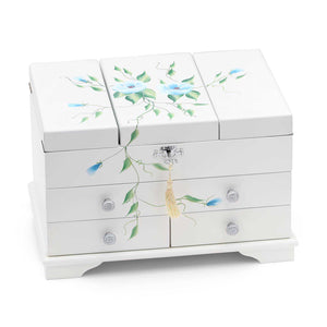 Porta Joia em Madeira Branco Com Flores Azuis Pintados a Mão
