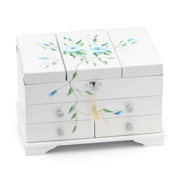 Porta Joia em Madeira Branco Com Flores Azuis Pintados a Mão