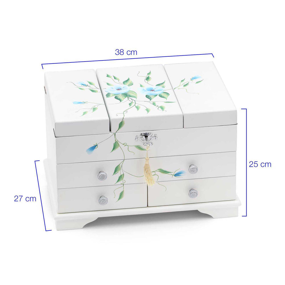Porta Joia em Madeira Branco Com Flores Azuis Pintados a Mão