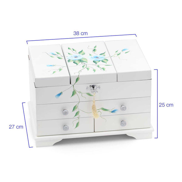 Porta Joia em Madeira Branco Com Flores Azuis Pintados a Mão